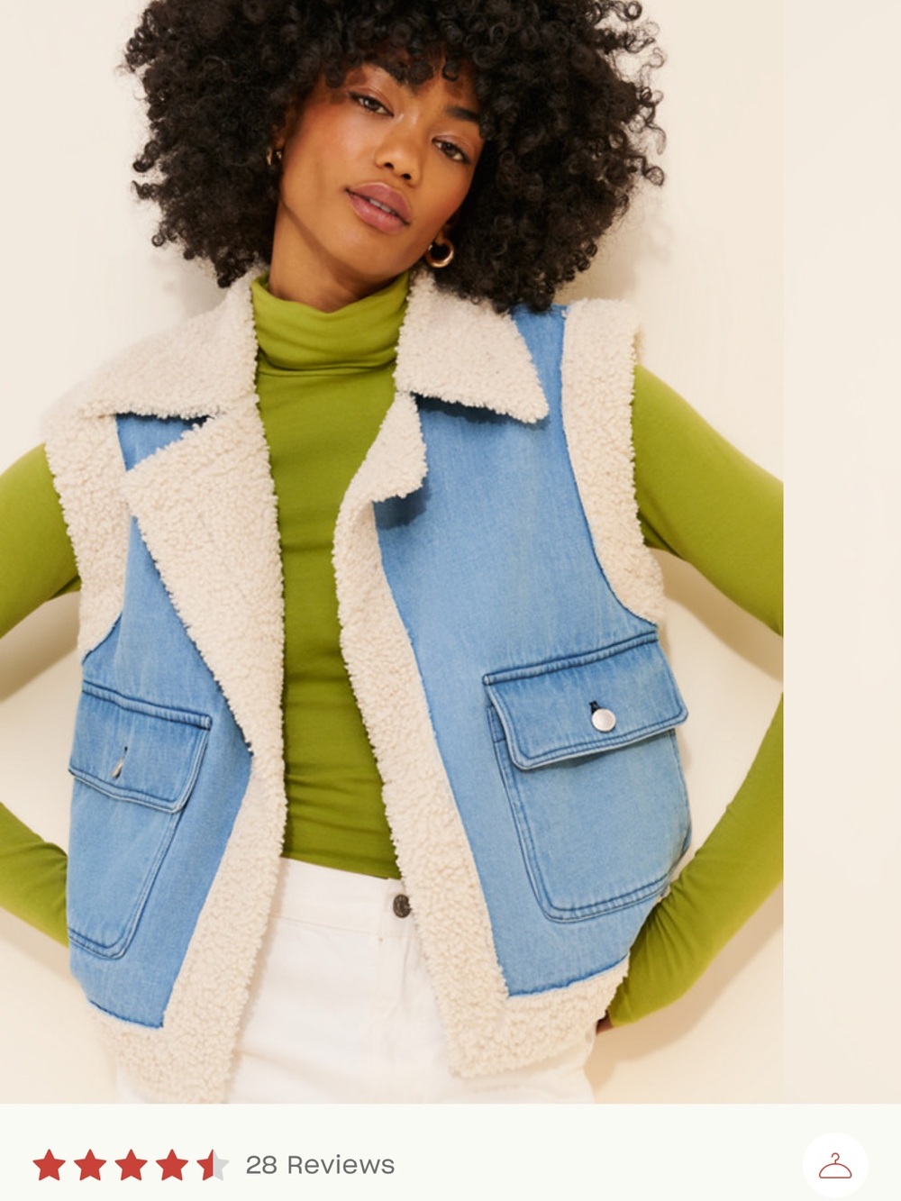 Zara Light Blue Denim Vest with Cream Sherpa Collar